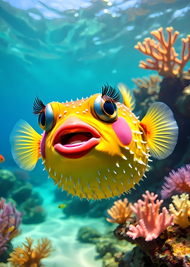 Cute Pufferfish with Makeup Underwater