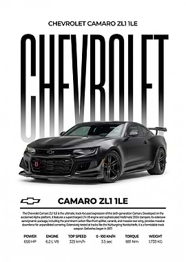 A minimalis black Chevrolet Camaro ZL1 1LE Poster