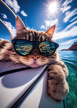 Cat on a boat wearing sunglasses