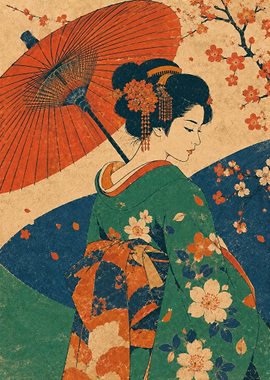 Geisha with Umbrella and Cherry Blossoms