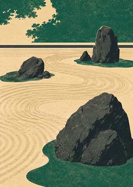 Zen Garden with Rocks and Raked Sand