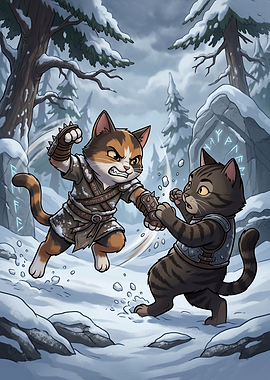 Cats Fighting in a Snowy Forest