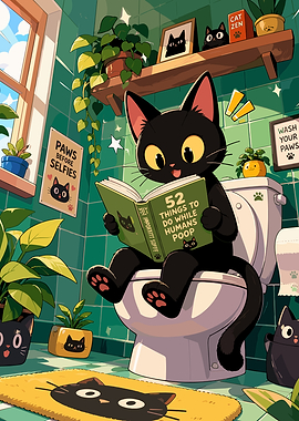 Cat Reading Book on Toilet