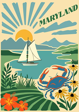 Maryland Landscape with Crab and Sailboat