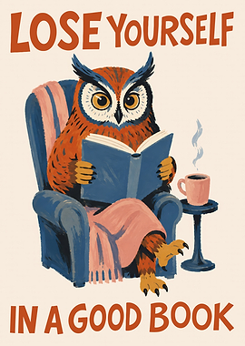Owl reading a book with coffee
