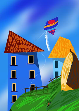 Child flying a kite in a stylized village