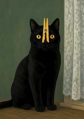 Black Cat with Clothespin on Nose