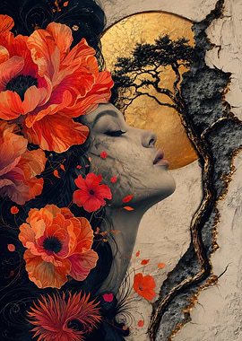 Woman with Flowers and Golden Moon