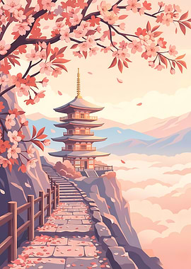 Serene Cherry Blossom Temple Landscape Poster