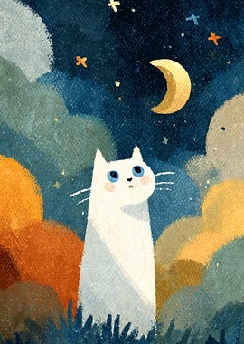 White Cat Under the Moon