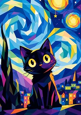 Black Cat in Starry Night Style
