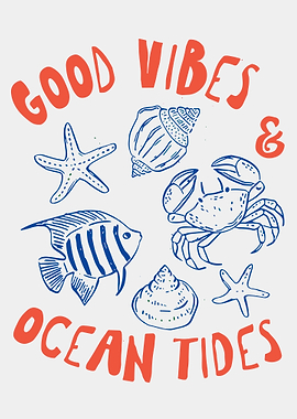Good Vibes Ocean Tides Marine Life Illustration Poster Coastal Wall Art