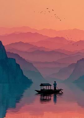 Man rowing boat through misty mountains