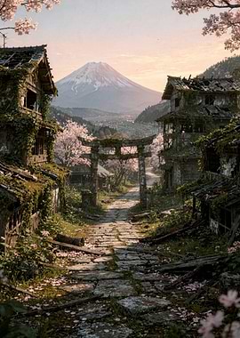 Abandoned Japanese Village with Mount Fuji