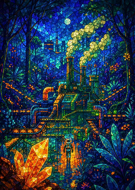 Astronaut in a Stained Glass Factory Landscape