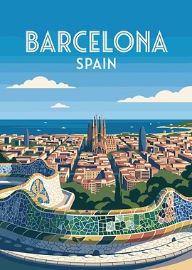 Barcelona Cityscape with Park Bench
