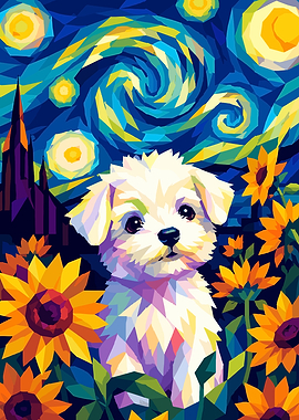 Maltese Dog in Starry Night