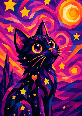 Geometric Black Cat Under Starry Sky