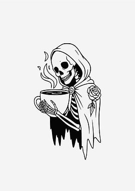 Skeleton Grim Reaper with Coffee