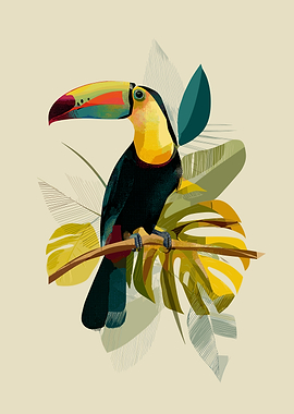 Toucan on a Branch with Tropical Leaves