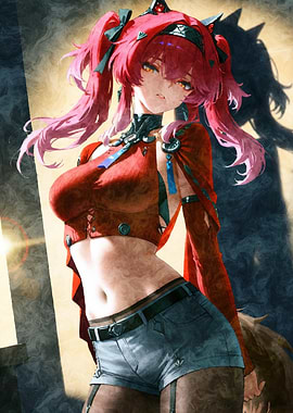 Anime Girl in Red Top and Denim Shorts