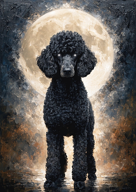 Black Poodle Under the Full Moon
