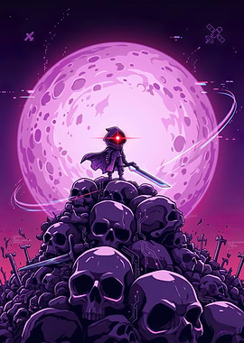 Character on Skull Pile Under Pink Moon