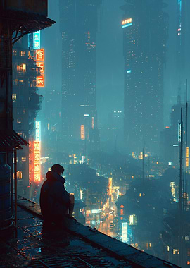Cyberpunk Cityscape with Solitary Figure