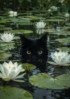 Black cat in a pond with water lilies