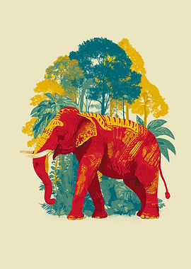 Red Elephant in a Lush Jungle