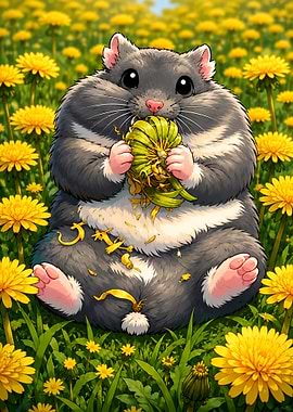 Blueberry in a Field of Dandelion | Cute Hamster Eating Dandelion