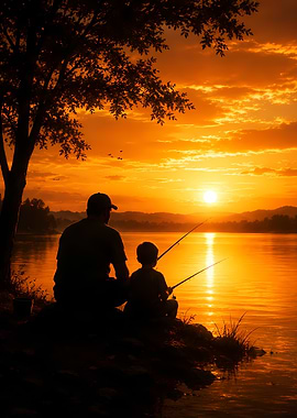 Father and son fishing at sunset