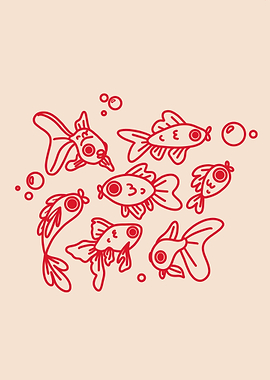 Red Goldfish Illustration with Bubbles