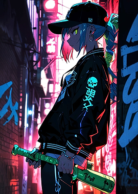 Cyberpunk Girl with Baseball Bat