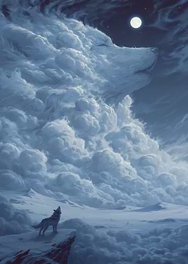 Wolf howling at moon cloud