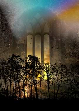 Gothic Ruin Window with Sunset and Trees