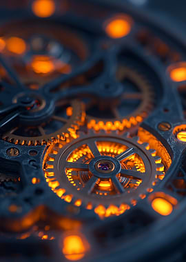 Intricate Watch Mechanism with Orange Glow