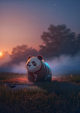 Panda in a misty forest at sunset