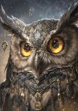 Ornate Owl with Celestial Adornments