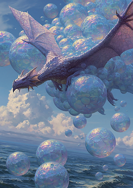 Dragon Flying Through Bubbles Over Ocean