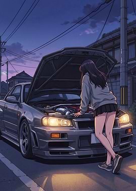 Anime Girl Gtr R34 Engine