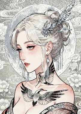 Elegant Woman with Crane Tattoos