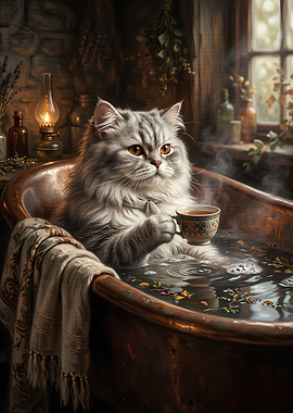 Cat Enjoying a Bath with Tea