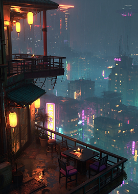 Cyberpunk Asian City Balcony at Night