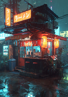 Cyberpunk Ramen Stand at Night