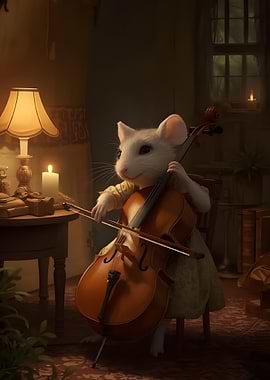 Mouse playing cello in a cozy room