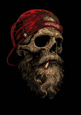 Skull with Red Cap and Beard Smoking