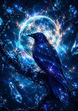 Cosmic Raven on a Starry Branch