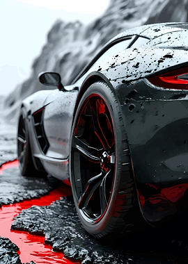 Sleek Black Sports Car on Red and Black Terrain