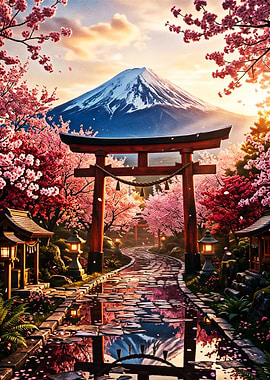 Mount Fuji Cherry Blossom Torii Gate Path